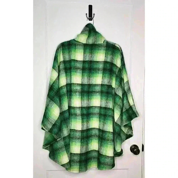 FREE PEOPLE Woodstock Brushed Plaid Poncho Cape Green/Blk One Size NEW $168 Boho - Picture 2 of 4